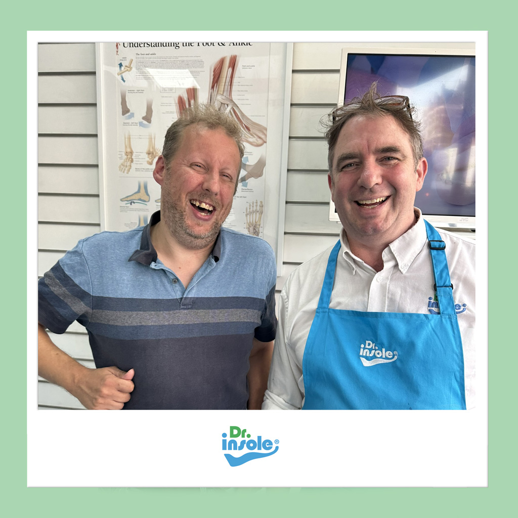 Dr Insole (Gary Gallagher) with customer Nicholas Simmonds at the Dr Insole shop. Nicholas wears custom Flexifoam orthotics designed to correct his leg and foot imbalance, which he described as life-changing in his Google review.