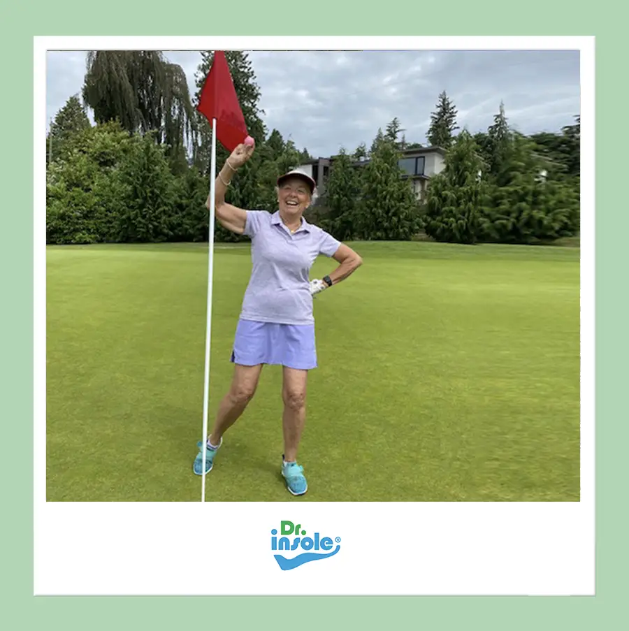 Golfer is enjoying pain-free movement with support from custom orthotic insoles.
