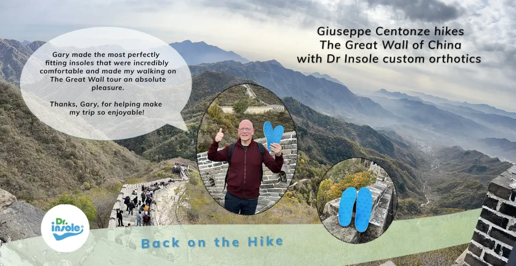 Customer hiking on the Great Wall of China wearing Dr Insole custom orthotic insoles for improved comfort and stability.