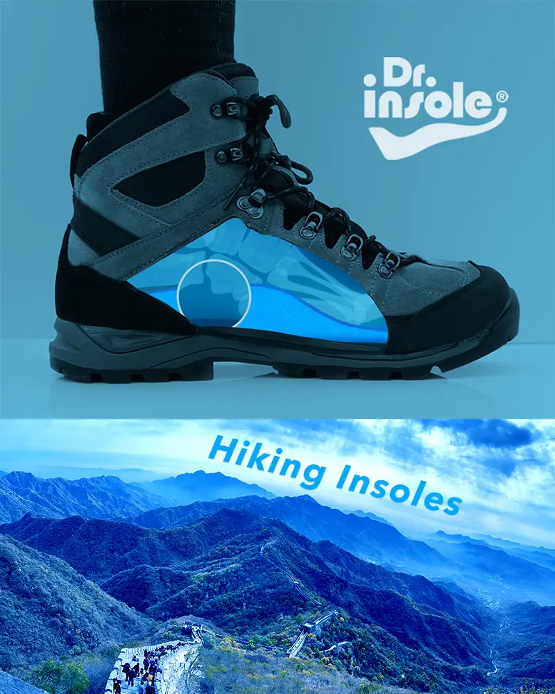 Hiking boot with Dr Insole custom orthotic insole designed for foot support on long walks and uneven terrain.