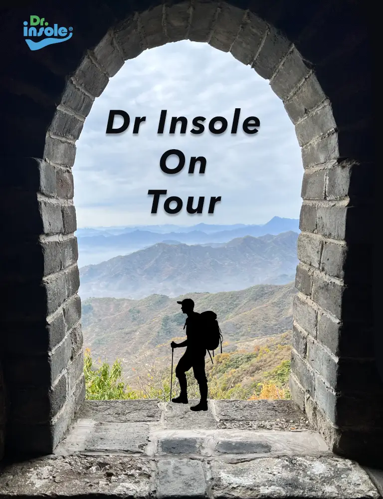 Hiking orthotics by Dr Insole displayed in a scenic mountain setting, representing custom-made orthotics for comfort and support during long walks and outdoor activities