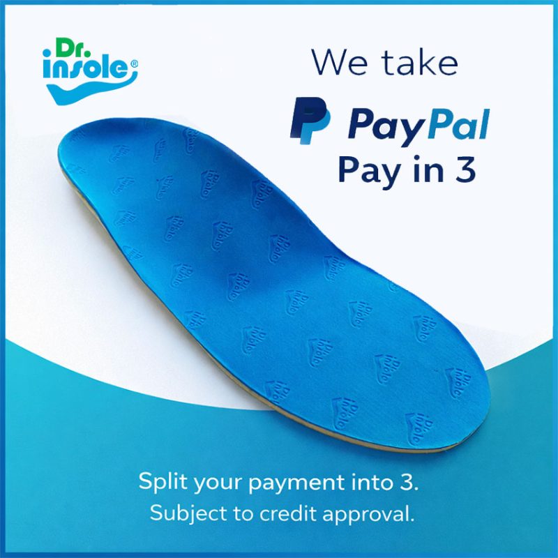 Blue Dr Insole orthotic shoe insole with PayPal Pay in 3 payment option advert, split your payment into three subject to credit approval.