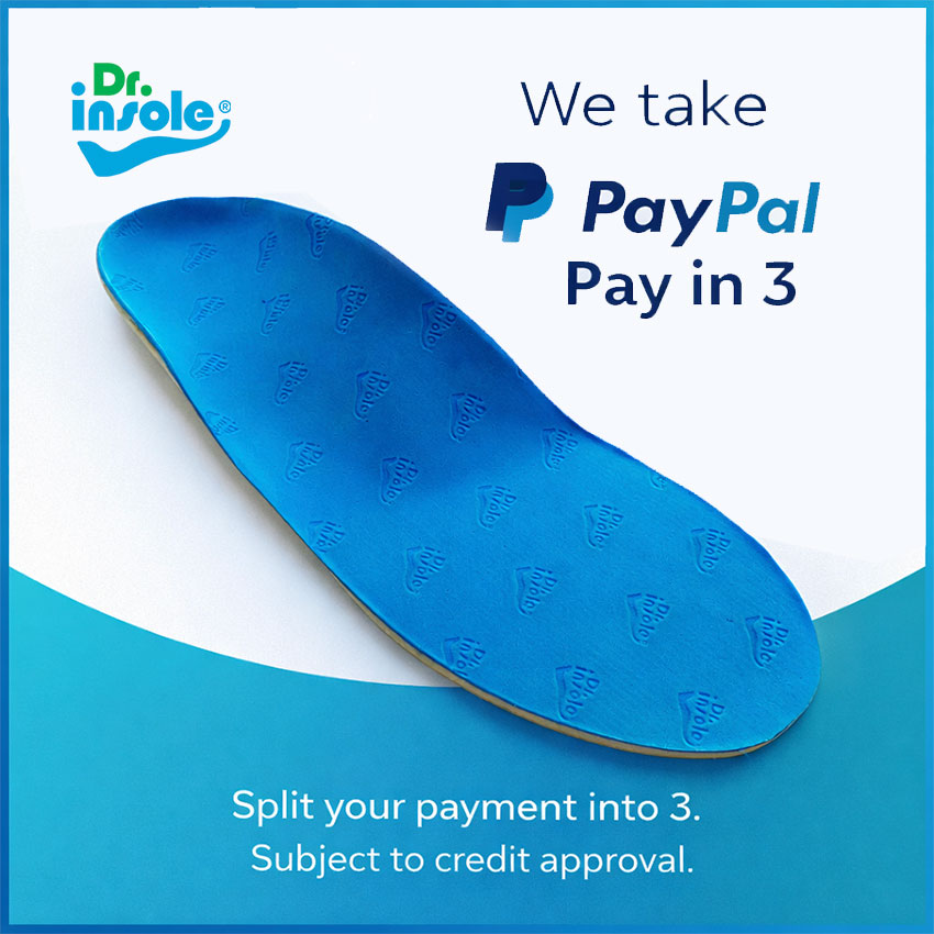 Blue Dr Insole orthotic shoe insole with PayPal Pay in 3 payment option advert, split your payment into three subject to credit approval.